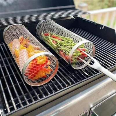 Round Stainless Steel Wire Mesh Cylinder Rolling Grill Basket